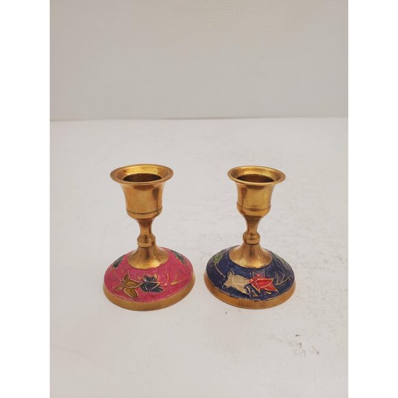 Vintage Brass Candlestick Holder | round Base |Vintage Enamelled Brass - Picture 3 of 10